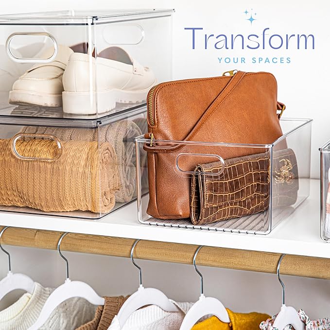 Clear Plastic Organizer Bins with Handles for Home Organization. Storage Containers for Organizing Fridge, Freezer, Cabinet. Pantry, Great for Kitchen, Garage, Laundry Room. 10"x8"x5"