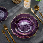PLASTICPRO 60 Pack Plastic Plates Set of 30-10 inch Plates and 30-7 inch Plate, Elegant Clear Purple Spiral and Gold Rim Disposable Fancy Plate Premium Heavyweight
