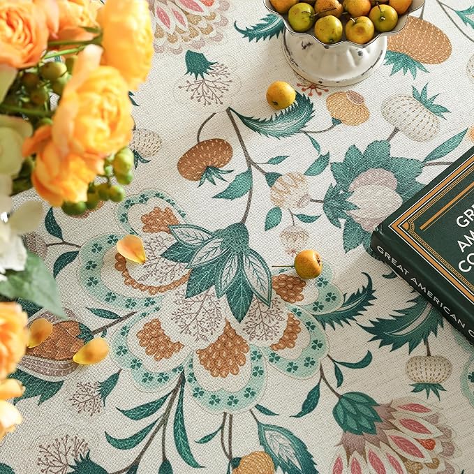 patdrea Designer Small Vintage Green Round Table Cloth,French Floral Country Linen Durable Tablecloth,Wrinkle Free Cover for Kitchen Dining,Christmas,Thanksgiving,Diameter 55"-Tree Life