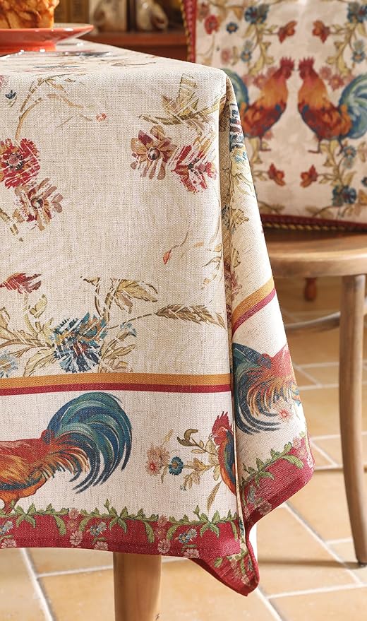patdrea Designer Linen Red Long Rectangle Tablecloth,Vintage French Animals Pattern Tablecloths,Decoration Floral Table Cover for Kitchen Dining Christmas,Party,Thanksgiving,63"x94"-Townlife E