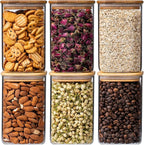 37oz 6PCS Glass Storage Containers with Lids, Glass Jars with Lids Pantry Food Storage Jars, Square Canister For Cookie, Nuts, Snack, Cereal, Candy, LeafTea, Coffee, Spice