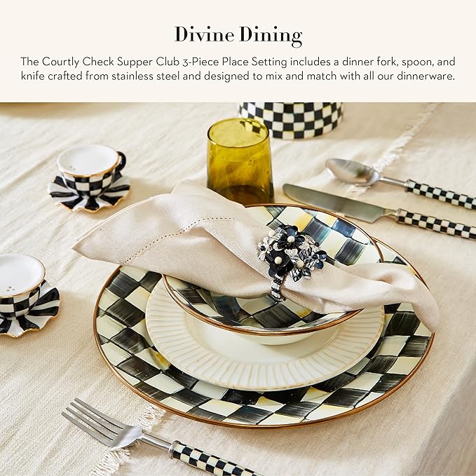 MACKENZIE-CHILDS Supper Club 3-Piece Place Setting, Fork, Spoon, and Knife Dinner Flatware Set, Black-and-White Courtly Check