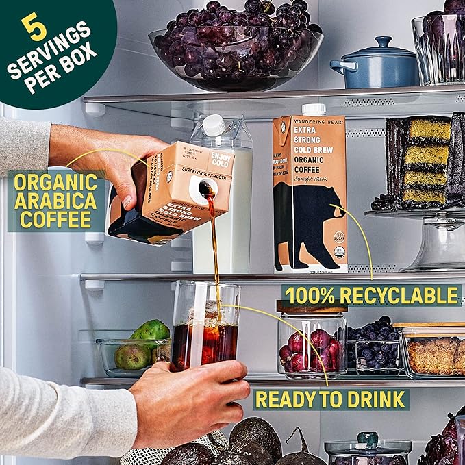 Wandering Bear Organic Cold Brew Coffee Variety Pack - Extra Strong, Bold, Smooth, Unsweetened, Shelf-Stable, Ready to Drink, Iced Cold Brewed Coffee Drink - 32 fl oz (3pk - Vanilla, Black, Mocha)