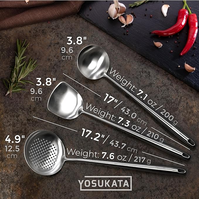 Yosukata 17" Wok Spatula and Ladle Skimmer Spoon - Stainless Steel Cooking Utensils Set of 3-304 Stainless Steel Kitchen Utensils Set - Dishwasher Safe Wok Accessories - Wok Utensils - Cooking Tools