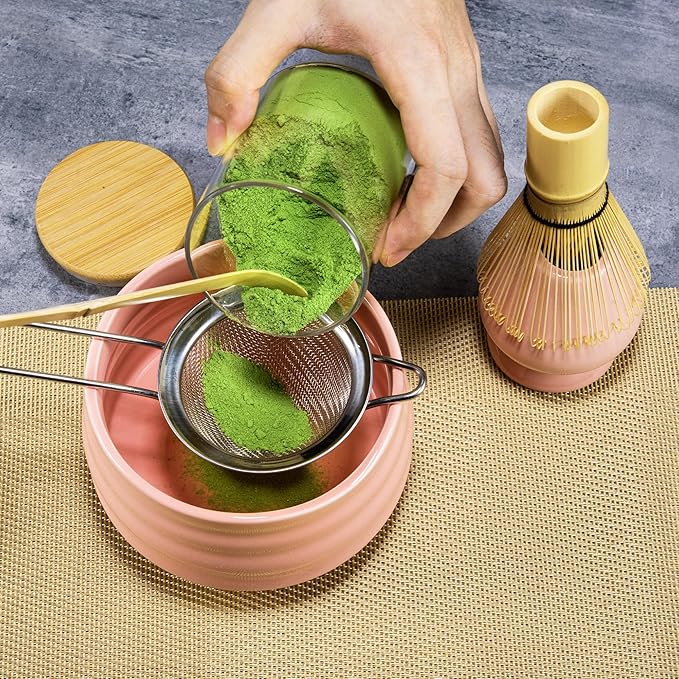 Matcha Whisk Set- Matcha Set includes Matcha Bowl, Sifter, Holder and Scoop- The Perfect Bamboo Whisk for Matcha Tea (Pink)