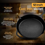 Utopia Kitchen Cast Iron Skillets 12 Inch, Chef's Pan, Pre-Seasoned Frying Pan, Stovetop, Oven, Campfire and Grill Large Skillet, Even Heat Distribution Multipurpose Cast Iron Pan - Black