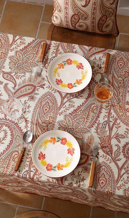 ISAENNE Designer French Red Square Tablecloth,Fall Linen Table Cloth with Cashew Pattern,Stain Proof Decor Tablecloths for Dining Thanksgiving Kitchen Christmas,67"*67"-Chauffrey D
