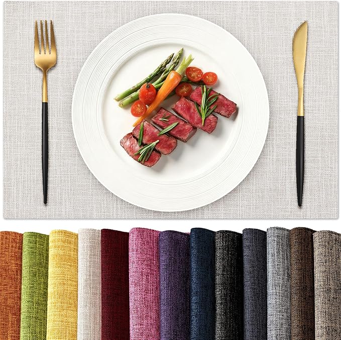 KXN Placemats Set of 6, Dual-Layer Thickened Faux Linen Table Mats, Heat Resistant & Wrinkle-Free, Machine Washable Cloth Place Mats for Kitchen Dining Indoor Outdoor (Cream Beige)