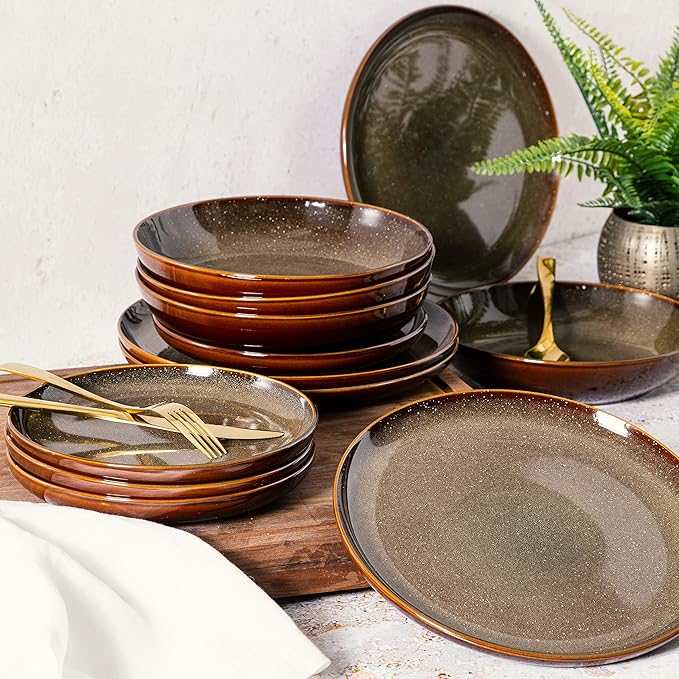 Gibson Elite Edwina 16-Piece Double Bowl Dinnerware Set, Service for 4 – Dark Green Stoneware Plates and Bowls