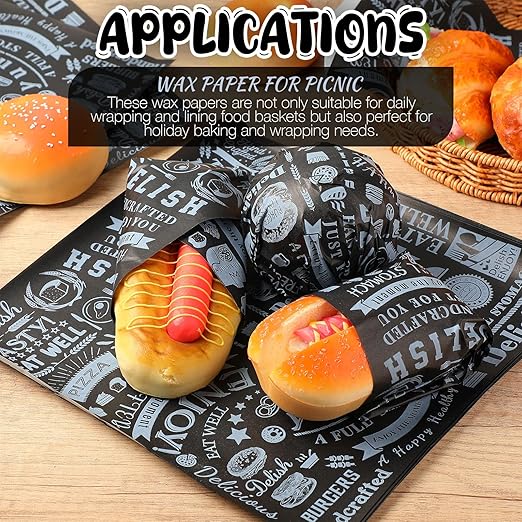 Outus 1400 Pcs 12 x 12 Inch Deli Wax Paper Sheets Grease Resistant Tray Basket Liners Newsprint Paper Water and Grease Proof Sandwich Wrapping Square Hot Dog Wrapper for Food Baking (Black)