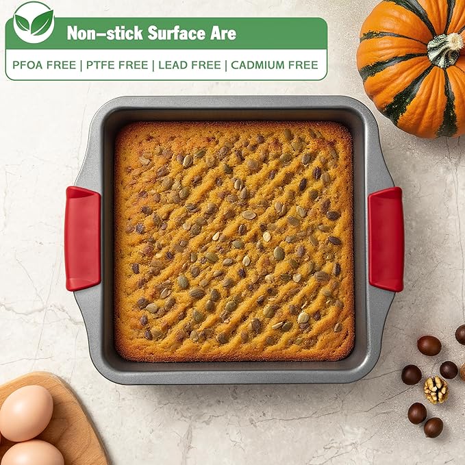 Tiawudi 9" Square Cake Pan Set of 2, 0.8mm Thick Heavy Duty Bakeware with Diamond Texture for Even Heating, Nonstick Baking Pan for Bread, Brownies & Lemon Bars, Cake Mold with Silicone Grip Handles