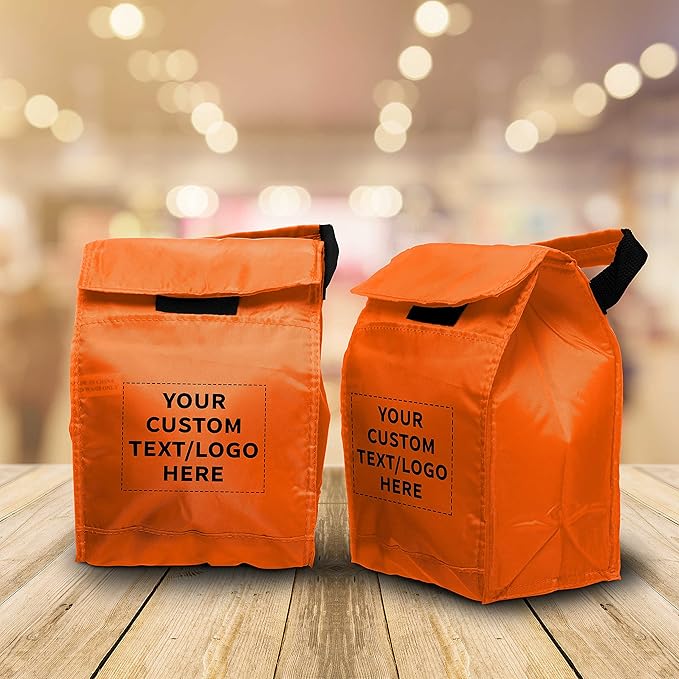 DISCOUNT PROMOS 100 Hook and Loop Insulated Lunch Bags Set - Customizable Text, Logo - Polyester, Durable, Vibrant, Reusable - Orange