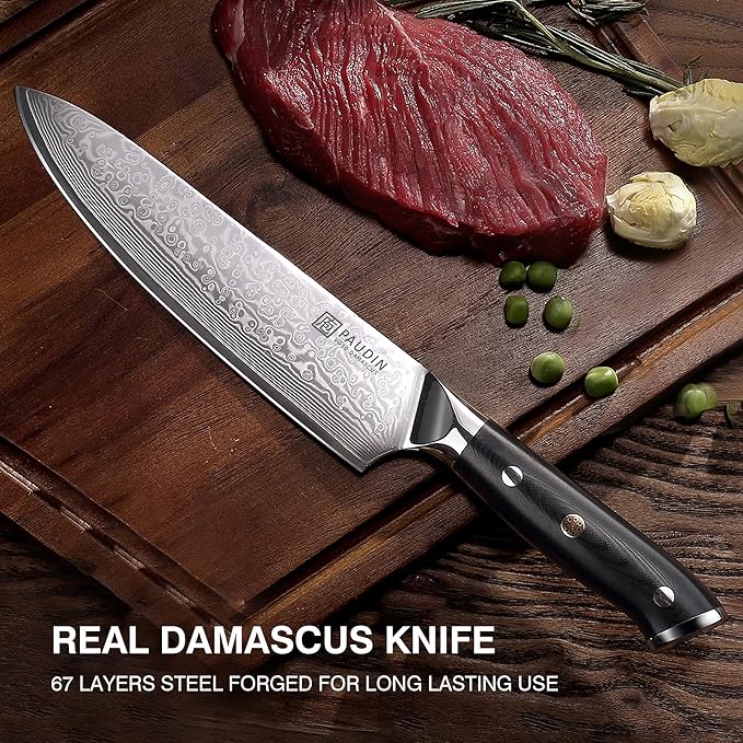 PAUDIN Damascus Chef Knife, 8 Inch Kitchen Knife, 67 Layers Damascus Steel Knife Japanese VG10 Core, Professional Chefs Knife with Ergonomic G10 Handle