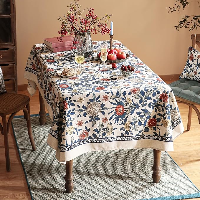 patdrea Designer Blue Tablecloth for Rectangle Table,Vintage Linen with Leaves and Floral Pattern Long Tablecloths,Farmhouse Decor Cover for Kitchen Dining Christmas,Thanksgiving,63"x102"-Ivar a