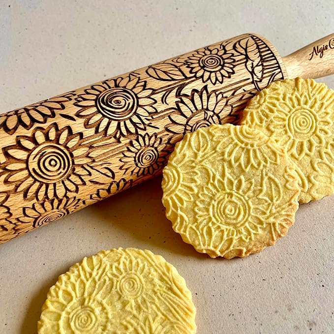 Embossed Rolling Pin for Ceramic SUNFLOWER FIELD. Clay Roller and Ceramic Stamp for Embossing Pottery. Baking Gifts for Women by Algis Crafts for Embossed Cookies