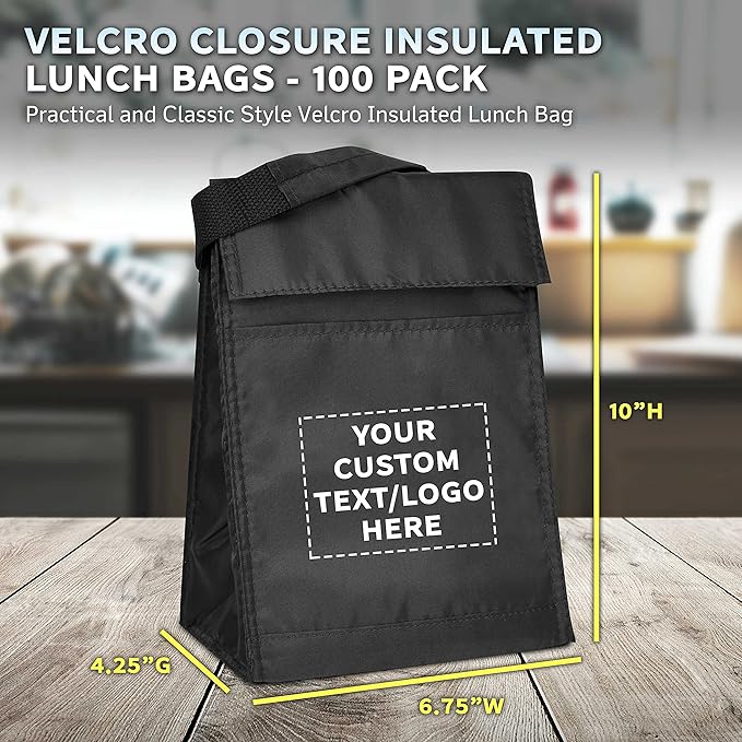 DISCOUNT PROMOS 100 Hook and Loop Insulated Lunch Bags Set - Customizable Text, Logo - Polyester, Durable, Vibrant, Reusable - Black