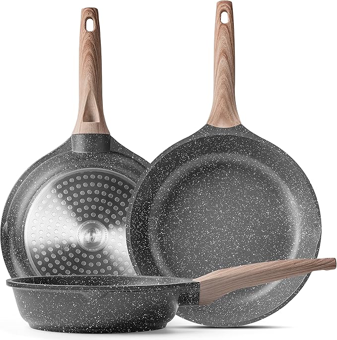 Caannasweis Nonstick Granite Frying Pan Skillet, Non Stick Omelette Fry Pans, Omelet Egg Pan, Stone Cookware Chef's Pan, Induction Compatible, PFOA Free (Gray, 3 Pcs)