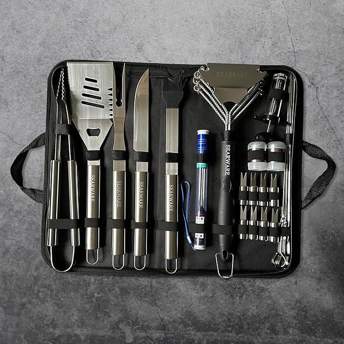 Barbecue Grill Tool Set - Stainless Steel - Strong Durable Design - Heat Resistant Glove & Bristle Free Grill Brush - Thermometer, Meat Injector, & Corn Skewers - Perfect For Smokers & Grills