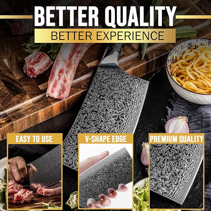 SliceElite Elite Series 7-Inch Damascus Bone Cutting Knife – VG10 Steel Blade with Forged Carbon Fiber Handle Infused with Gold Leaf, Sheaths Option (Bone Cutting Knife)