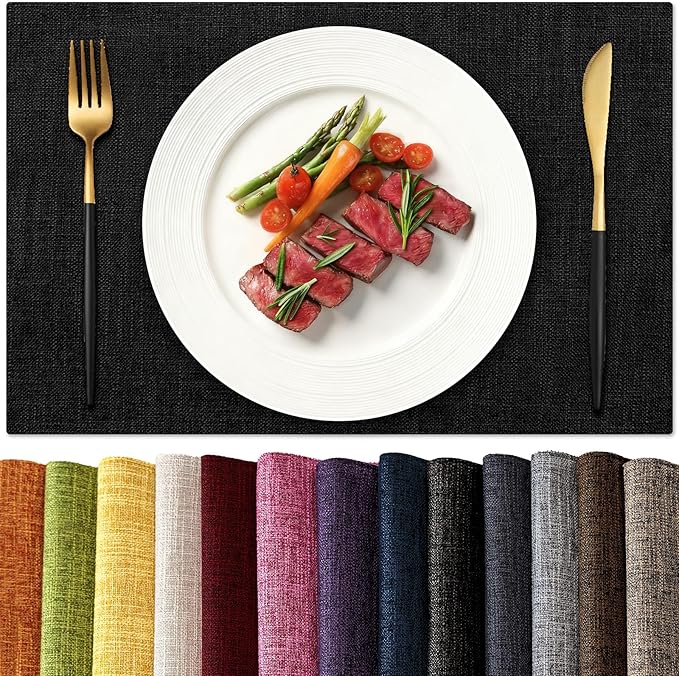 KXN Placemats Set of 6, Dual-Layer Thickened Faux Linen Table Mats, Heat Resistant & Wrinkle-Free, Machine Washable Cloth Place Mats for Kitchen Dining Indoor Outdoor (Black)