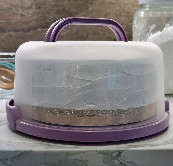 Round Cake Carrier Two Sided Cake Holder Serves as Five Section Serving Tray, Portable Cake Stand Fits 10 inch Cake, Cake Box Comes With Handle, Cake Container Holds Pies (Lilac)