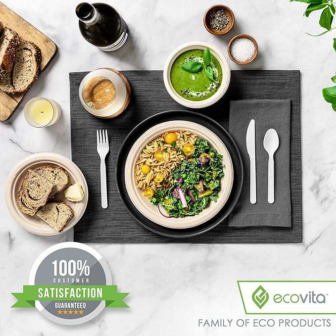 Ecovita 100% Compostable Paper Plates [7 in.] – 150 Disposable Plates Eco Friendly Sturdy Tree Free Liquid and Heat Resistant Alternative to Plastic or Paper Plates