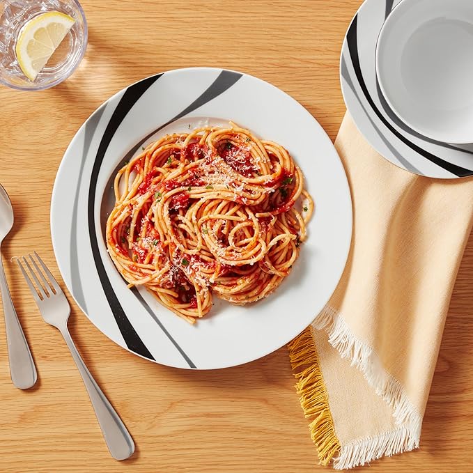 Amazon Basics Dinnerware Set, Microwave and Dishwasher Safe, Service for 6, 18-Piece Complete Kitchen, Plates, Dishes, Bowls, Swirl