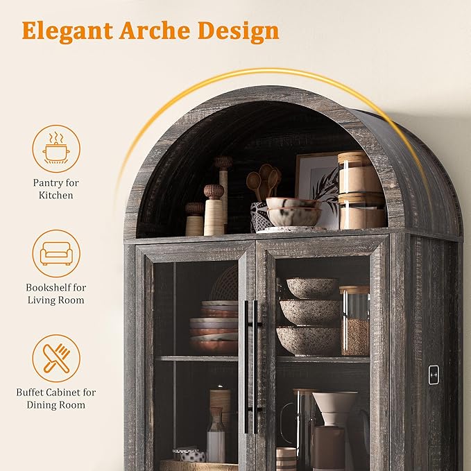Arched Kitchen Pantry Cabinet with Glass Doors, Display Curio Case with 3 Color LED Lights for Collectibles, Modern 5-Tier Storage Hutch Cabinet Brown