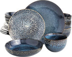 Gibson Elite Matisse 16-Piece Dinnerware Set – Double Bowl Reactive Glaze Stoneware in Blue – Plates and Bowls for 4, Microwave & Dishwasher Safe, Rustic Modern Design