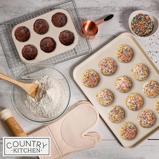 Country Kitchen Nonstick Stackable Bakeware Set - Deluxe Heavy Duty, Durable, Easy Release Baking Set, Taupe, 13 Pcs with Handles